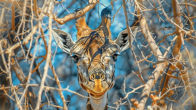 Curious giraffe peering, oil painting style, through acacia trees, sun-dappled, intricate patterns, hidden gaze.