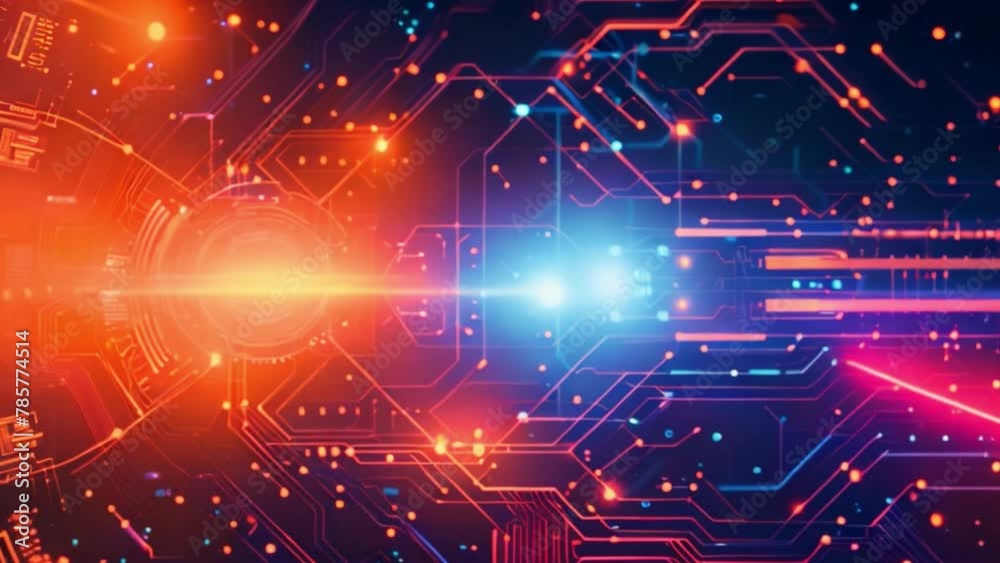 Poster Computer Circuit Board Illuminated With Red and Blue Lights