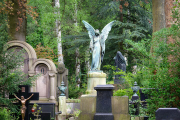 an angel on a pedestal amidst historic tombs in the wooded surroundings of cologne's melaten...