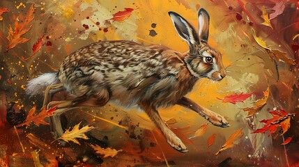 Sleek wild hare, dynamic oil painting look, autumn leaves, swift movement, rich oranges and reds. 