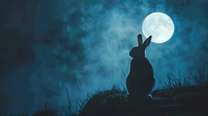 Moonlit rabbit silhouette, oil paint effect, night sky, serene solitude, cool blues, tranquil.  - obrazy, fototapety, plakaty