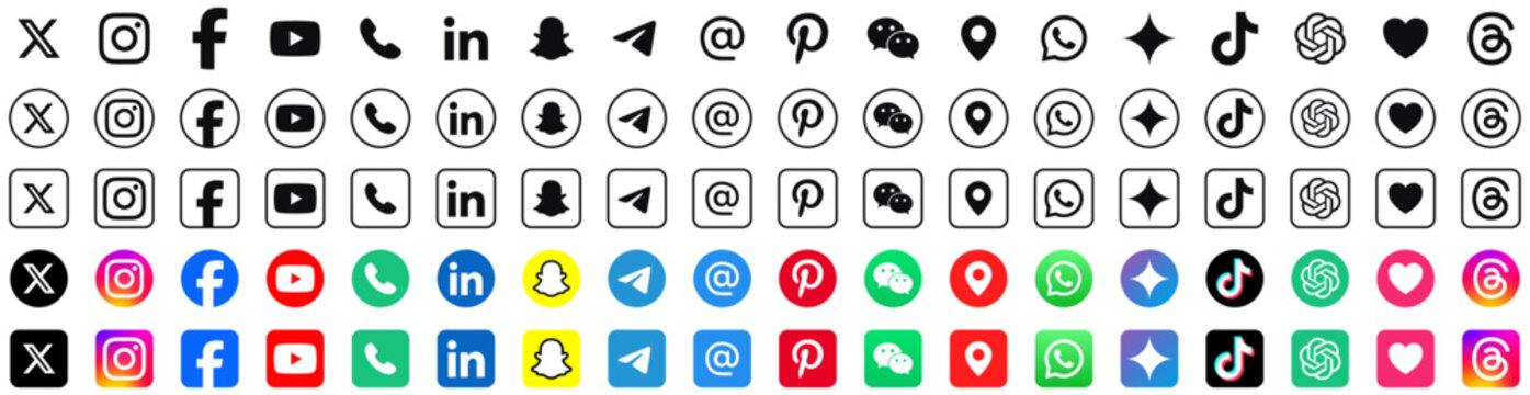 social media icon set or social network logos , facebook, instagram, x, youtube, whatsapp, telegram, snapchat, tiktok, flat vector icon . Contact us web icons set, call, email, address, location, icon