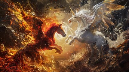Unicorn and phoenix, classic oil painting look, meeting of legends, fiery and ethereal contrast, epic aura.