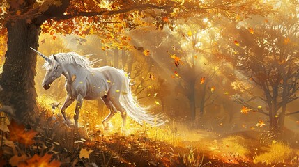Unicorn in autumn, oil painting style, golden leaves, soft sunlight, peaceful exploration, warm palette.  - obrazy, fototapety, plakaty