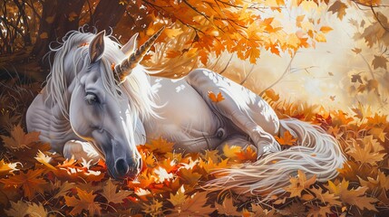 Unicorn in autumn, oil painting style, golden leaves, soft sunlight, peaceful exploration, warm palette.f