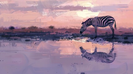 Fototapeta na wymiar Lone zebra at waterhole, oil paint style, tranquil reflection, serene dusk, soft purples, peaceful. 