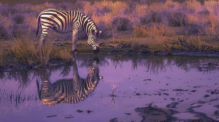 Fototapeta na wymiar Lone zebra at waterhole, oil paint style, tranquil reflection, serene dusk, soft purples, peaceful.
