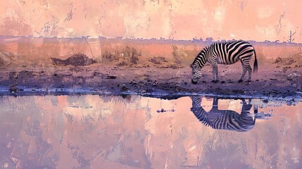 Fototapeta na wymiar Lone zebra at waterhole, oil paint style, tranquil reflection, serene dusk, soft purples, peaceful. 