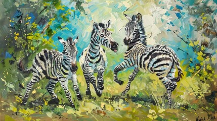 Naklejka na ściany i meble Playful zebra foals, classic oil painting look, lush meadow, bright greens, joyful antics, vibrant scene. 