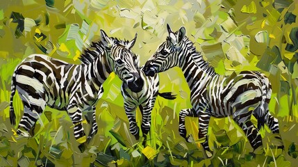 Playful zebra foals, classic oil painting look, lush meadow, bright greens, joyful antics, vibrant scene. 