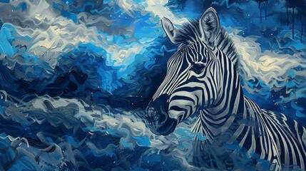 Fototapeta na wymiar Zebra in storm, dynamic oil painting style, dramatic sky, intense gaze, powerful contrast, deep blues. 