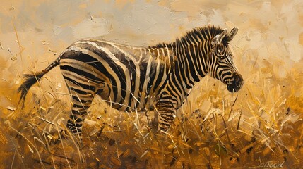 Fototapeta na wymiar Noble zebra, oil painting technique, regal stance, warm savannah light, rich textures, majestic aura.