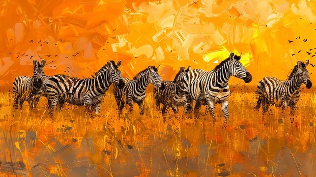 Zebra herd in golden savannah, oil painting effect, sunset light, dramatic shadows, vibrant oranges.