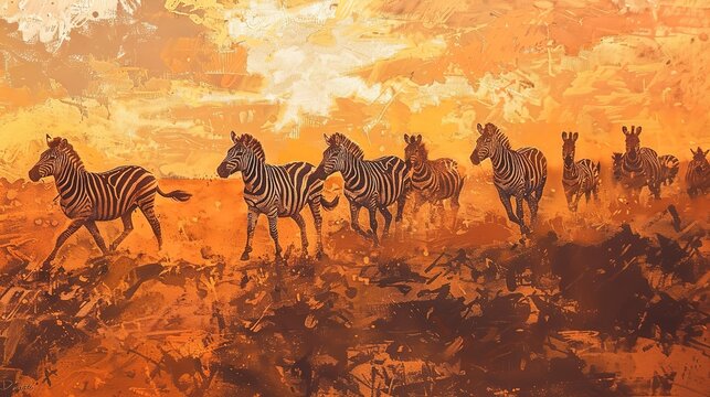 Zebra herd in golden savannah, oil painting effect, sunset light, dramatic shadows, vibrant oranges.