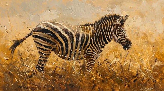 Noble zebra, oil painting technique, regal stance, warm savannah light, rich textures, majestic aura.