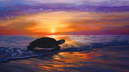 Zelfklevend Fotobehang Turtle silhouette at sunset, dynamic oil painting style, ocean horizon, tranquil end, warm oranges and purples.  © Thanthara