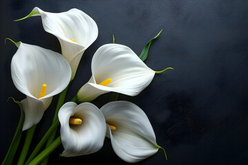 Calla lily flowers on black background, sympathy card condolences on deaths concept.