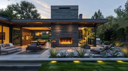 Sleek Patio Evening Retreat with Ambient Fireplace. Concept Patio Design, Outdoor Retreat, Evening Entertainment, Fireplace Ambiance - obrazy, fototapety, plakaty