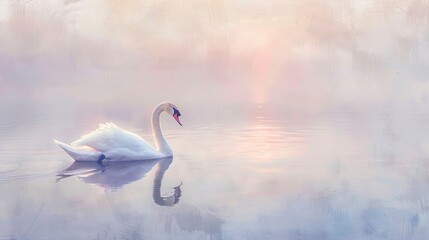 Elegant swan on misty lake, oil painting effect, serene dawn, soft pastels, tranquil reflection.