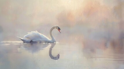 Elegant swan on misty lake, oil painting effect, serene dawn, soft pastels, tranquil reflection. 