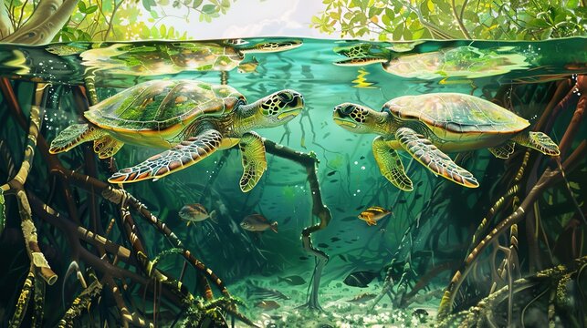Playful turtles in mangrove, oil paint effect, green waters, sunlit roots, joyful exploration, lush greens. 