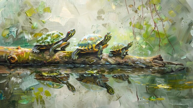 Turtle family on a log, classic oil painting look, calm river, tender scene, soft reflections, peaceful greens.