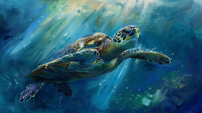 Majestic turtle diving, oil paint effect, light rays through water, serene descent, cool blues, tranquil beauty. 