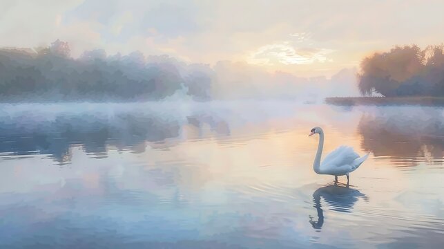 Elegant swan on misty lake, oil painting effect, serene dawn, soft pastels, tranquil reflection. 