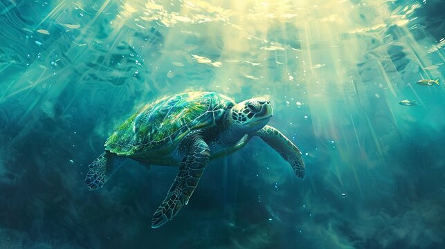 Majestic turtle diving, oil paint effect, light rays through water, serene descent, cool blues, tranquil beauty. 