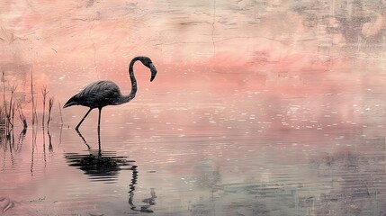 Elegant flamingo at twilight, oil painting effect, soft pink hues, tranquil water, serene silhouette. 
