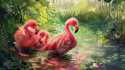 Playful flamingo chicks, oil paint effect, fluffy textures, bright daylight, joyful curiosity, lush greens. 