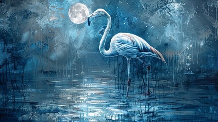 Mystical flamingo under moonlight, dynamic oil painting style, ethereal glow, silver light, tranquil blues. 