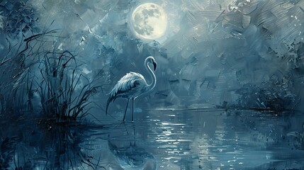 Mystical flamingo under moonlight, dynamic oil painting style, ethereal glow, silver light, tranquil blues. 
