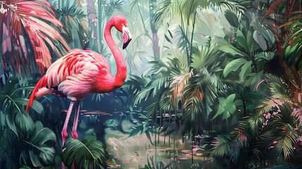 Flamingo in tropical paradise, oil painting technique, vivid foliage, paradise colors, peaceful ambiance.