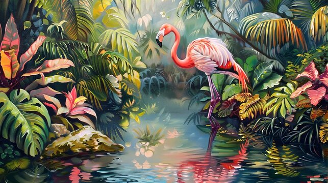 Flamingo in tropical paradise, oil painting technique, vivid foliage, paradise colors, peaceful ambiance.