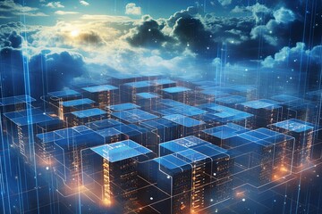 Cloud Computing Concept Visualization: Servers and Data Units Interconnected in a Digital Landscape	