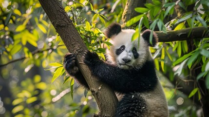 Obraz premium Young panda climbing, dynamic oil painting look, ascent to the canopy, bright foliage, adventurous spirit. 