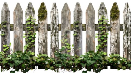 wooden fence with green bushes on white background