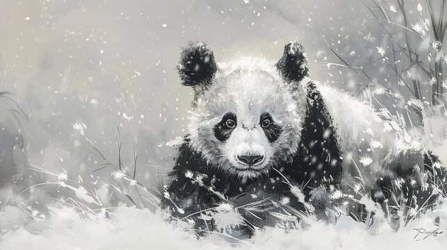 Majestic panda in snow, dynamic oil painting style, contrasting black and white, serene beauty, soft whites. 