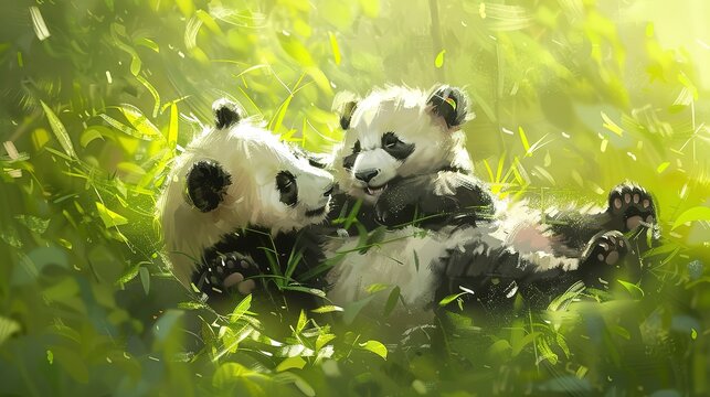 Playful pandas tumbling, oil paint effect, dynamic action, joyful mood, vibrant greens, motion blur. 