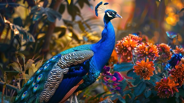 Graceful peacock in garden, oil paint style, lush flora, serene pose, vivid colors, tranquil ambiance. 