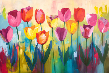 Dynamic mixed media artwork celebrating tulip field's vibrant energy. Bold hues evoke joy, optimism, and happiness with saturated colors.