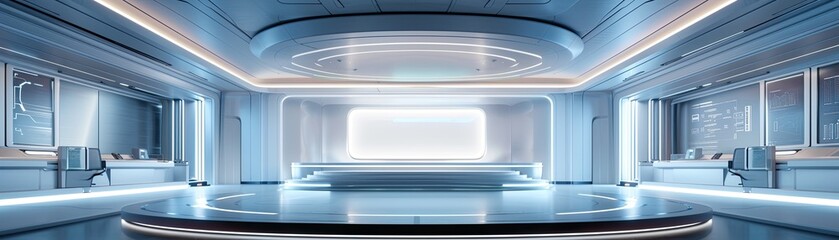 Bright futuristic interior with white minimal design and soft lights in high-tech sci-fi setting