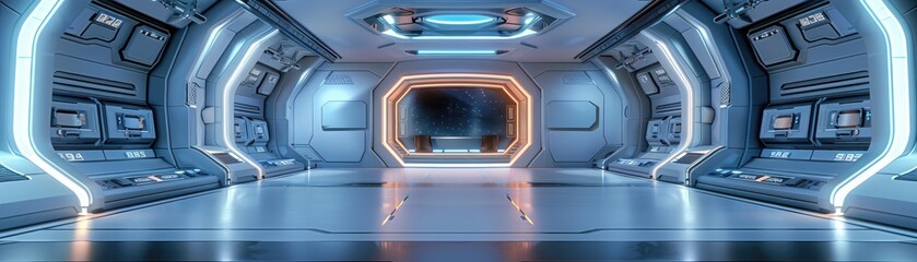 A futuristic control room with a sleek stage in the center and high-tech walls, soft tones, fine details, high resolution, high detail, 32K Ultra HD, copyspace