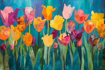 Dynamic mixed media artwork celebrating tulip field's vibrant energy. Bold hues evoke joy, optimism, and happiness with saturated colors.