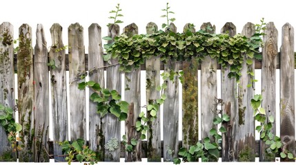 wooden fence with green bushes on white background in high resolution
