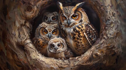 Owl family in hollow, oil paint effect, cozy nest, tender scene, warm hues, intimate gathering.