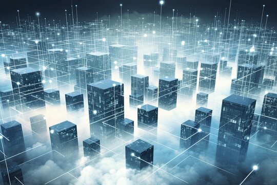 Cloud Computing Concept Visualization: Servers and Data Units Interconnected in a Digital Landscape	