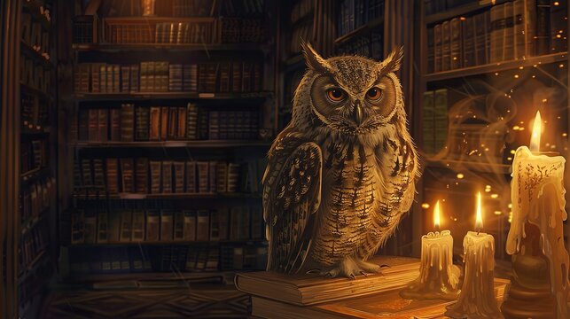 Wise owl perched, oil paint style, ancient library, soft candlelight, rich browns, timeless wisdom. 