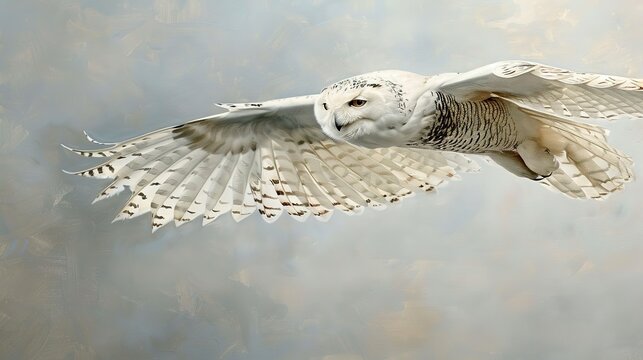 Snowy owl in flight, classic oil painting look, winter sky, soft feathers, serene whites, graceful movement. 